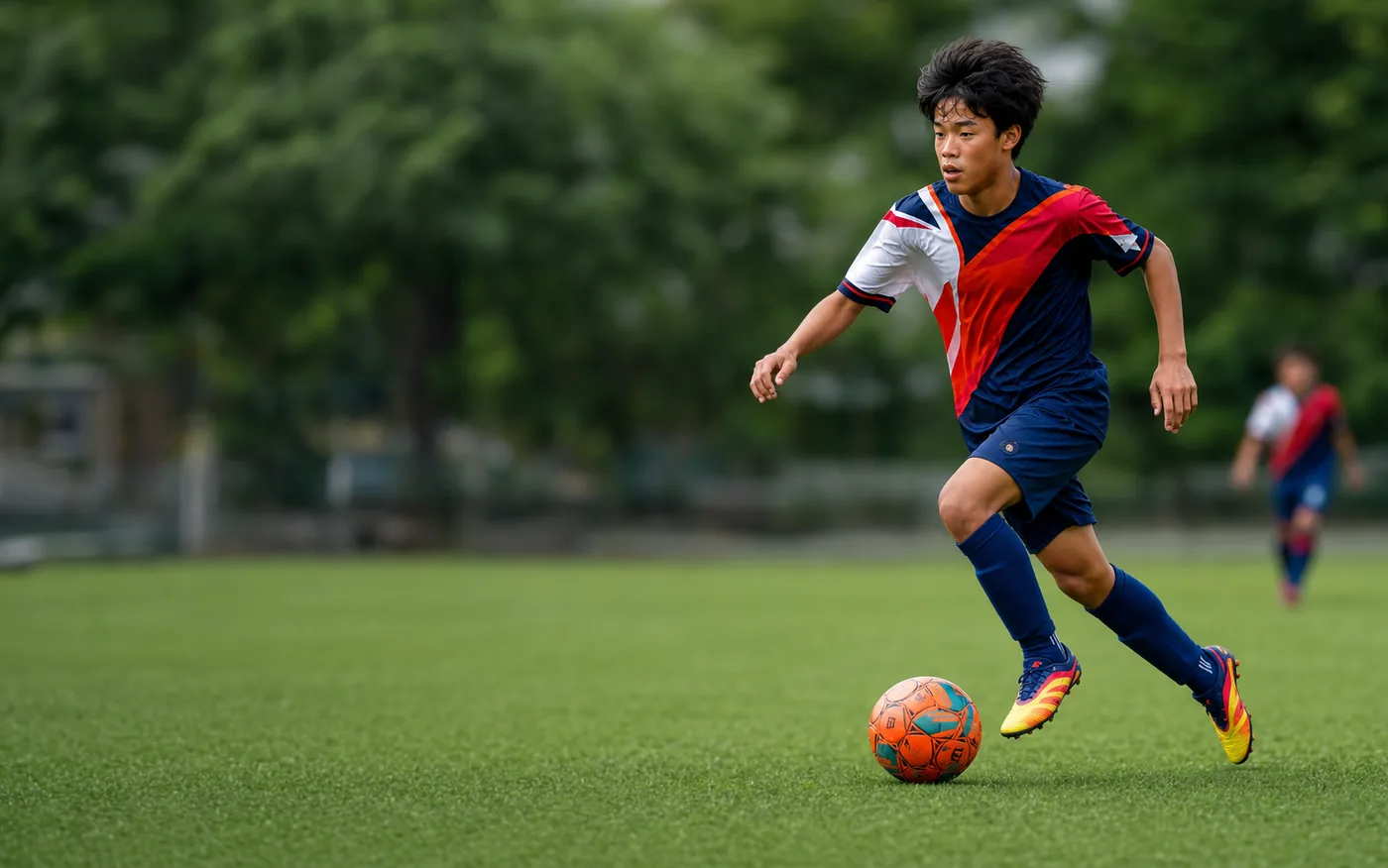 Island City player dribbling at speed during training